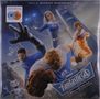 "Fantastic 4 Original Motion Picture Soundtrack" Logo, vier Helden in blauen Anzügen in dynamischen Posen vor einer Stadt.
