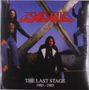 "THE LAST STAGE 1983 - 1985" unten. Oben großer roter Schriftzug. Drei Personen vor einem Holzkreuz., LP