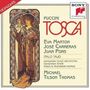 "Puccini: Tosca. Eva Marton, José Carreras, Juan Pons. Dirigent: Michael Tilson Thomas. Illustration mit Frau in floralem Kleid."