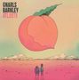 "Oberer Text: 'GNARLS BARKLEY ATLANTA'. Große schwebende Pfirsich-Illustration über einer weiten, bunten Landschaft.", LP