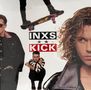 Text: "INXS KICK" in schwarzen und roten Buchstaben. Verschiedene Personen und ein Skateboard.