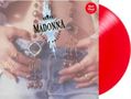 Text: "MADONNA LIKE A PRAYER" und "Red Vinyl" auf einem roten Schallplattencover mit Fokus auf Schmuck und Jeans., LP