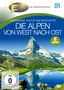 "Die Alpen von West nach Ost, 5 DVDs, FSK ab 0 freigegeben." Eine Landschaft mit Bergen und einem klaren See.