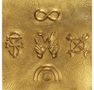 Goldene Texturen mit Symbolen: Unendlichkeitszeichen, W mit Händen, Werkzeuge, Schlange und Regenbogen mit Sonne.