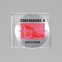 "CONFESSIONS II", "MADONNA". CD-Hülle mit Bild einer Frau in Rot, die auf Händen und Knien posiert., CD