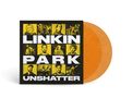 "LINKIN PARK UNSHATTER" in großen weißen Buchstaben. Gelbes und schwarzes Cover, neun Porträts. Orangefarbene Schallplatte., 2 LPs
