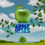 "APPLE OF LIFE DOM MARIANI" in Blau. Ein grüner Apfel und Blätter über einer grünen Wiese mit Baum, Himmel mit Wolken., LP