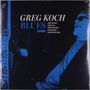 Text: "GREG KOCH BLUES." Namen darunter: "LARRY McCRAY, JIMMY HALL, MEMPHIS HORNS, ROSCOE BECK, MALFORD MILLIGAN." Illustrationsstil: Ein Mann lacht., LP