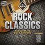 "ROCK CLASSICS: THE ULTIMATE ROCK ANTHEMS. Gitarre im Hintergrund, Liste von Rockbands auf Metallplatte."