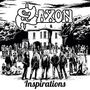 „Saxon“ oben, „Inspirations“ unten. Viele Menschen vor einem großen Gebäude, schwarz-weiße Illustration.