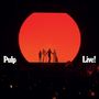 Text: "Pulp Live!" Silhouetten vor einer großen orangefarbenen Scheibe., 2 CDs