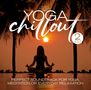 "Yoga Chillout 2 CD. Perfect soundtrack for yoga, meditation or everyday relaxation." Silhouette und Sonnenuntergang mit Palmen.