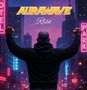 Text: "AURAWAVE" oben in Gelb, darunter "Rise" in Weiß. Eine Person mit erhobenen Armen, Stadtlichter im Hintergrund., LP