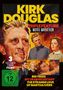 „Kirk Douglas Triple Feature Movie Marathon“ in gelben und roten Buchstaben, oben. Drei Filmszenen in Illustrationsstil.