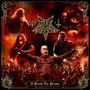 **DARK FUNERAL**, **A Beast To Praise**. Rot-schwarze Szene mit Bandmitgliedern auf der Bühne, umgeben von jubelnder Menge., CD