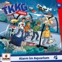 "TKKG Junior" und "Alarm im Aquarium" auf einem farbenfrohen Cover. Vier Kinder und ein Hund im Aquarium mit einem Dieb.