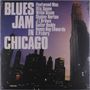 "Blues Jam in Chicago" in großer Schrift, daneben Namen von Musikern. Skyline bei Sonnenuntergang im Hintergrund., 2 LPs