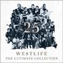 "25 WESTLIFE THE ULTIMATE COLLECTION" steht geschrieben über einer Collage von Bandmitgliedern in schwarz-weiß.