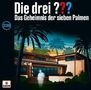 "Die drei ??? Das Geheimnis der sieben Palmen" steht oben. Darunter ein modernes Haus bei Nacht mit Palmen und mystischer Beleuchtung., CD