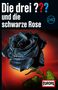 Text: "Die drei ??? und die schwarze Rose". Illustration: Schädel in Form einer schwarzen Rose auf rotem Hintergrund.