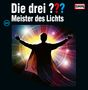 „Die drei ??? Meister des Lichts“. Ein Mann breitet vor buntem Licht strahlend die Arme aus. Links steht „241“. Links oben ein rotes Logo.