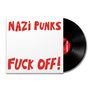 „NAZI PUNKS FUCK OFF!“ in roter Schrift auf weißem Plattencover, daneben eine schwarze Vinyl-Schallplatte., Single 7"