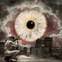 Illustration: Ein Astronaut kniet mit Gewehr, riesiges schwebendes Auge im Sturm über einer Stadt bei Nacht., CD