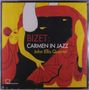 Text: "BIZET: CARMEN IN JAZZ John Ellis Quartet." Illustration: Stilisiertes Bild einer Frau mit rotem Kleid und Fächer., LP