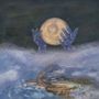 Eine Illustration zeigt blaue Hände, die einen leuchtenden Mond in nebliger Umgebung halten., LP