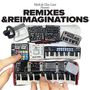Text: "Mark de Clive-Lowe Presents: REMIXES & REIMAGINATIONS". Hände bedienen Modell von Musikinstrumenten und Geräten., 2 LPs