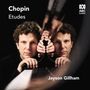 "Chopin Etudes", "Jayson Gillham". Ein Mann spiegelt sich, stützt sich auf sein Hände, im Hintergrund ein Klavier., CD