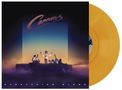 "Cannons" oben, "Everything Glows" unten. Eine orangefarbene Schallplatte neben einer Illustration mit Band auf einem Auto., LP