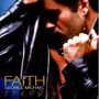 „FAITH“, „GEORGE MICHAEL“. Ein Mann in Lederjacke hält einen Kragen, trägt Ohrring, im Profil nach unten schauend., CD