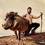 Text: "Parental Advisory Explicit Content." Ein Mann mit Schwert und Warzenschwein auf steinigem Boden vor hellem Hintergrund., LP