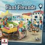„Fünf Freunde und die Spur der Diebe“. Kinder mit Fahrrädern vor einem bunten Verkaufsstand, ein Hund und Tauben.