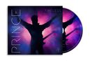 „PRINCE“, „TIMELESS“ in Neonfarben. Silhouette einer Person mit Gitarre vor lila-blauem Licht., CD