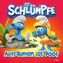 Text: "Die Schlümpfe" und "Aufräumen ist Doof". Zwei fröhliche, blaue Schlümpfe; einer sitzt, der andere steht auf einem Stein.