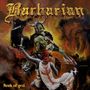 "Barbarian" in großer, furchteinflößender Schrift oben. "Reek of god" unten links. Ein Kampf von Kriegern in feuriger Umgebung., LP