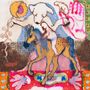 Illustration: Ein weißer Hund über einem Reiter auf einem Pferd, umgeben von bunten, abstrakten Motiven und einer rosa Hand., LP