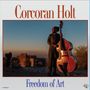 "Corcoran Holt", "Freedom of Art". Person mit einem Kontrabass im Freien bei Sonnenuntergang, Gebäude im Hintergrund., CD