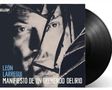 Text: "LÉON LARREGUI MANIFIESTO DE UN TREMENDO DELIRIO". Schwarz-weißes Porträt hinter zerbrochenem Glas, Schallplatte., LP