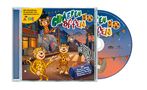 CD-Hülle mit „Giraffenaffen 10“. Bunte Comic-Affen, Elefanten, Zebra und Sloth in einer festlichen Straßenszene.