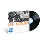 "The Sidewinder" von Lee Morgan in großen Buchstaben. Foto eines Trompeters, Hintergrund unscharf., LP