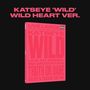 "KATSEYE 'WILD' (Wild heart ver.)" oben. Unten: Liste mit Artikeln wie Fotobuch, CD-R und Photocard. Schwarzes Buch mittig., CD