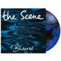 Text: "the Scene", "Blauw". Ein Vinyl-Cover mit blau-schwarzem, welligem Muster, daneben die farblich passende Schallplatte., LP