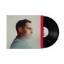 Person im Profil auf einem Albumcover, eine schwarze Schallplatte ragt heraus. , LP