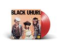 Schwarzer Text "BLACK UHURU" auf orangefarbenem Hintergrund, drei Personen posierend, rotes Vinyl im Hintergrund.