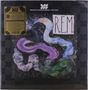 „R.E.M.”, goldener Text links; abstrakte, bunte Schlangenform., LP