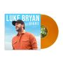 Text: "LUKE BRYAN SIGNS". 
Ein Mann in orangem Hemd und schwarzer Kappe lächelt vor blauem Himmel. Links ein orangener Schallplatte., LP