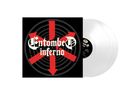 "Entombed inferno" in gotischer Schrift auf schwarzem Hintergrund mit einem roten Pfeilkreuz, zwei weiße Schallplatten., 2 LPs